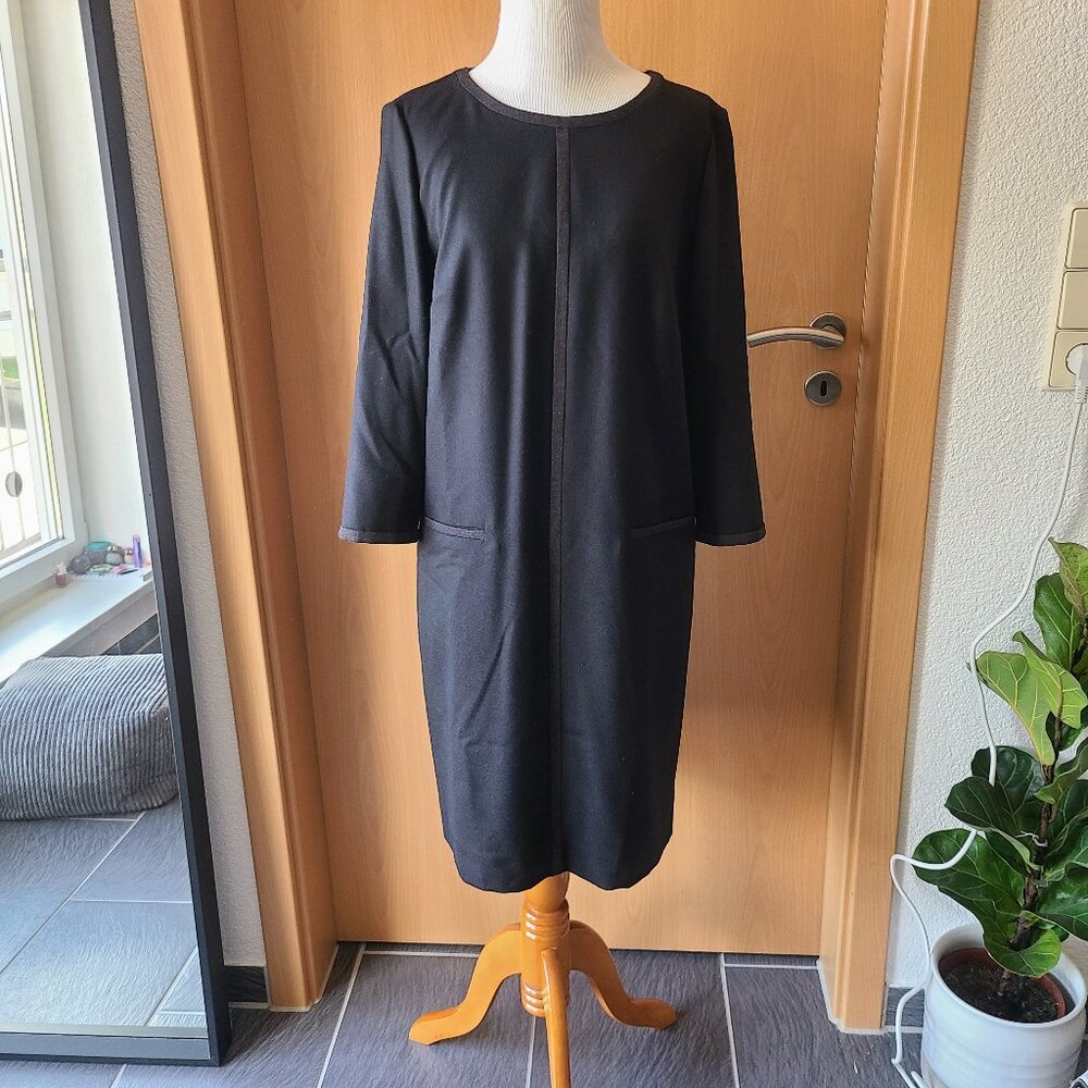 Boden Black Wool Tipped Long Sleeve Shift Sheath Dress US 10 Regular
